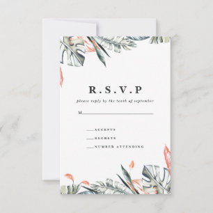 Cartão RSVP Casamento de folhas corais e tropicais R.S.V.P.