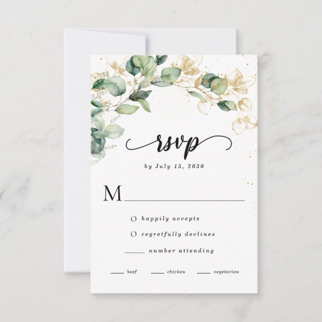 Cartão RSVP Casamento de Folhas de Eucalipto Elegante (Frente)