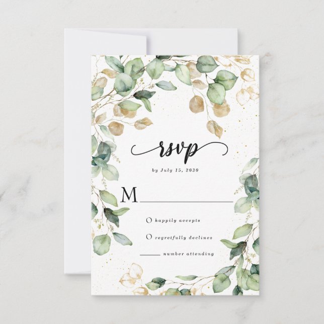 Cartão RSVP Casamento de Folhas de Eucalipto Elegantes (Frente)