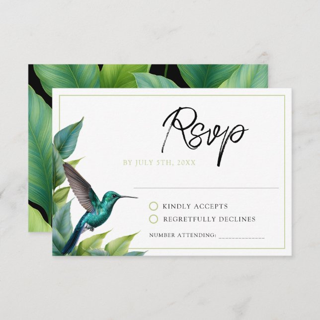 Cartão RSVP Casamento de Folhas Tropicais Emerald Hummingbird (Frente/Verso)