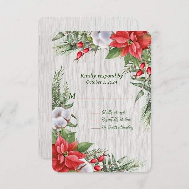 Cartão RSVP Casamento de Folhas Verdes de Poinsettia Vermelha (Frente/Verso)