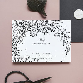 Cartão RSVP Casamento de Fora Branca de Flor Negra Editável