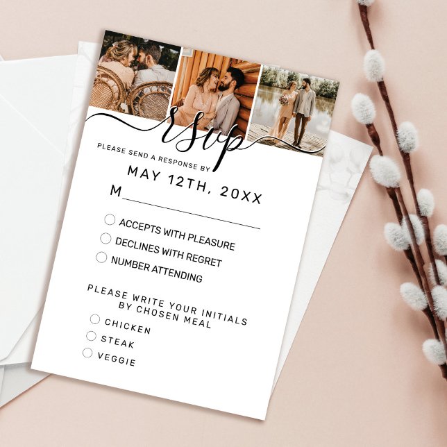 Cartão RSVP Casamento de Foto Branco Branco Simples Elegante (Criador carregado)
