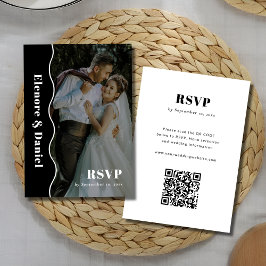Cartão RSVP Casamento de Foto | Código QR de onda do lado pret