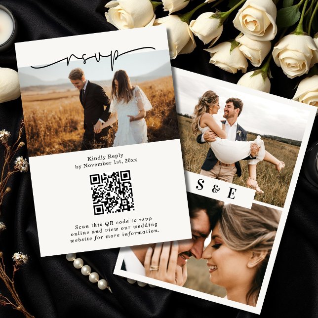 Cartão RSVP Casamento de Foto com Código QR de Script Minimali (Criador carregado)