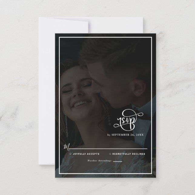 Cartão RSVP Casamento de Fotografias de Sobreposição Preta e B (Frente)