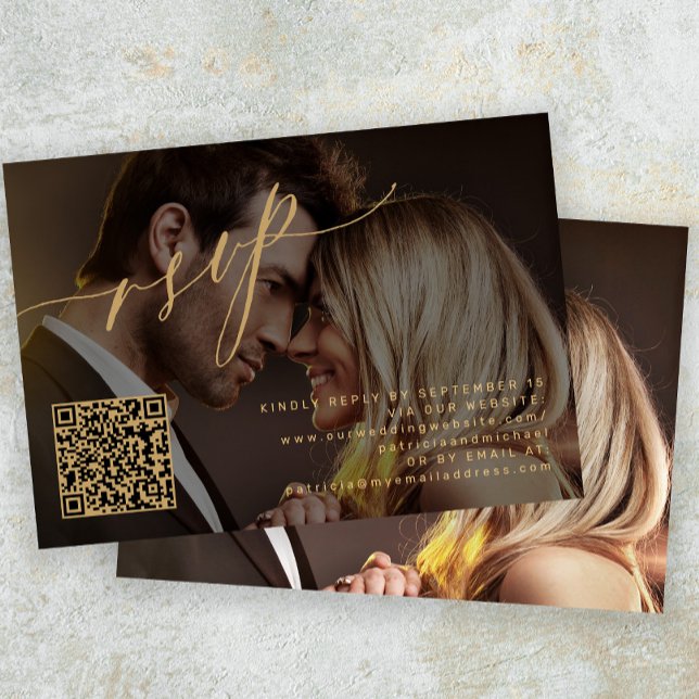 Cartão RSVP Casamento de fotos elegante com código QR (Criador carregado)