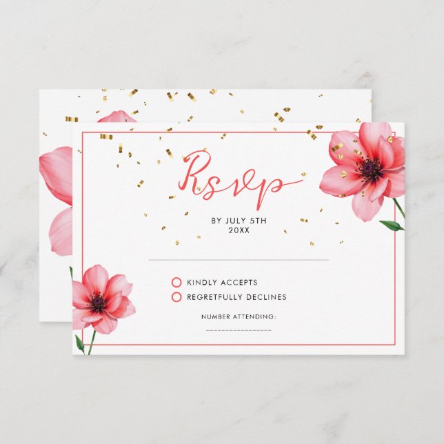 Cartão RSVP Casamento de Frame de Confetti Floral Rosa-Blush C (Frente/Verso)