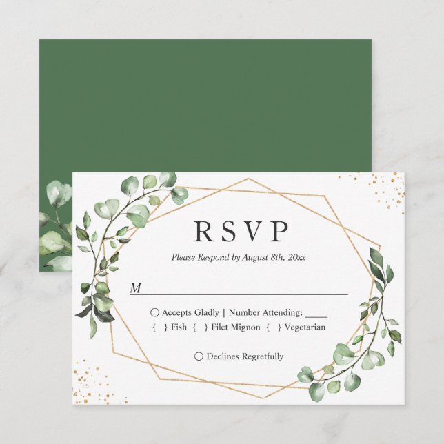 Cartão RSVP Casamento de Frame Geométrico Dourado Eucalyptus G (Frente/Verso)