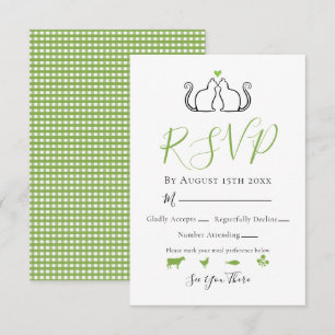 Cartão RSVP Casamento de Gatos Apaixonados em Xadrez Verde e B