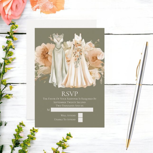 Cartão RSVP Casamento de Gay Elegante duas noivas em vestidos (Elegant Gay Wedding Two Brides in Dresses RSVP Card from Ricaso)