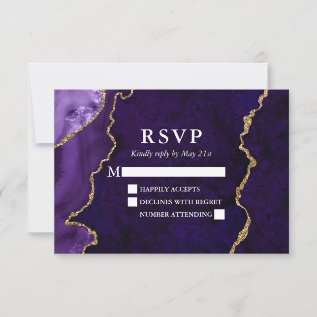 Cartão RSVP Casamento de Geodo de Águas Douradas Roxo (Frente)