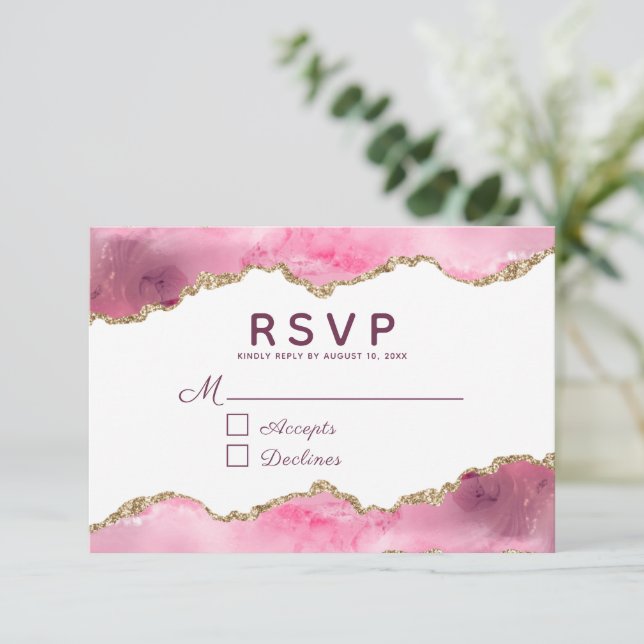 Cartão RSVP Casamento de Geodo Dourado Glitter Glitter, Rosa-R (Em pé/Frente)