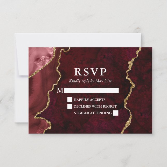 Cartão RSVP Casamento de Geodo Marble Agate Burgundy (Frente)