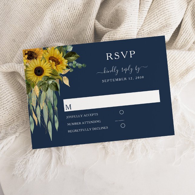 Cartão RSVP Casamento de Girassol Azul Elegante marinho (Navy Blue Elegant Sunflower Wedding RSVP Card)