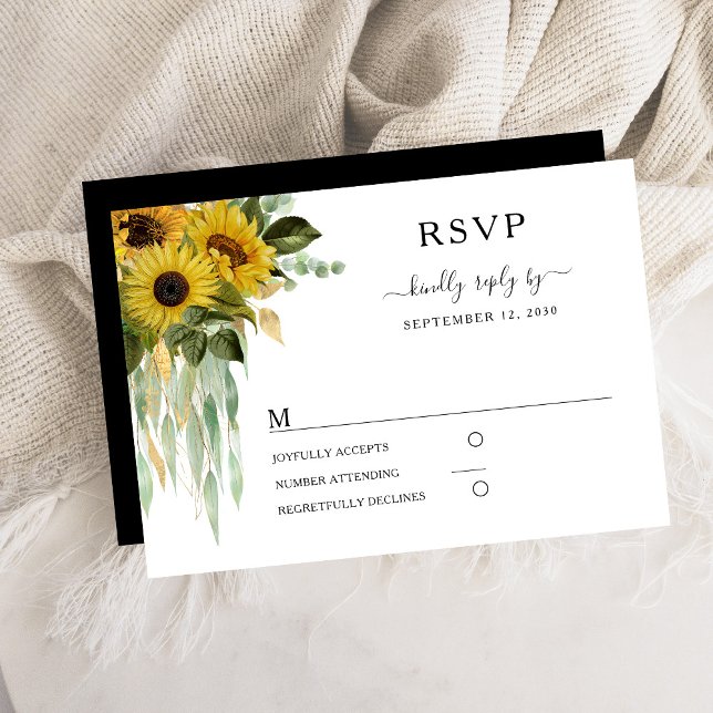 Cartão RSVP Casamento De Girassol Branco E Preto Moderno (Modern Black And White Sunflower Wedding RSVP Card)