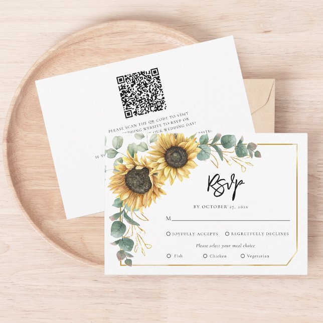 Cartão RSVP Casamento de Girassol com Script Botânico Floral (Floral Sunflower Eucalyptus Greenery Wedding Enclosure RSVP Card)