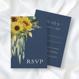 Cartão RSVP Casamento de Girassol Eucalipto Floral Azul Marinh