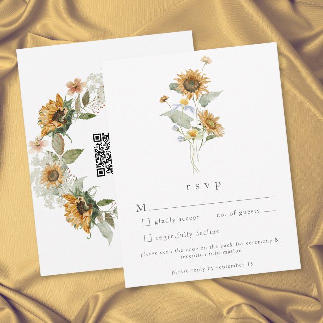 Cartão RSVP Casamento de Girassol Floral Rústico com Código QR (Rustic Floral Sunflower Wildflower Wedding QR RSVP Card)