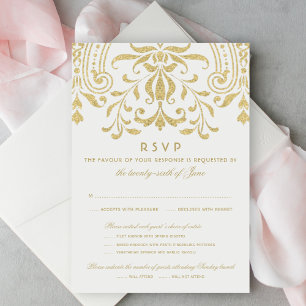 Cartão RSVP Casamento de Glamor Dourado Elegante