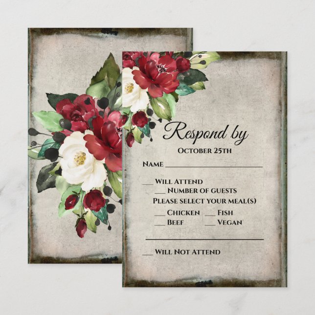 Cartão RSVP Casamento de Gótico de Cinza Vermelho Floral Verme (Frente/Verso)