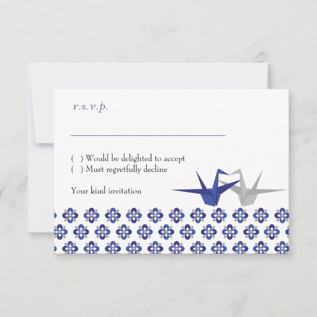 Cartão RSVP Casamento de Grous de Origami Azul-Marinho / Prata (Frente)