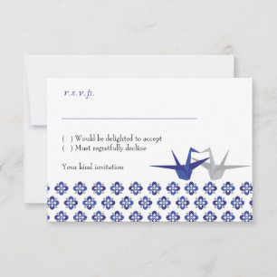 Cartão RSVP Casamento de Grous de Origami Azul-Marinho / Prata