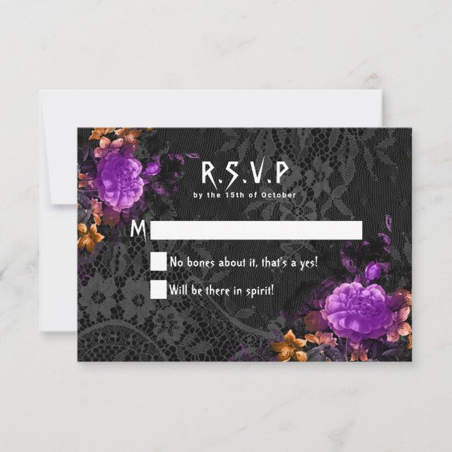 Cartão RSVP Casamento de Halloween Floral Purple, de Esqueleto (Frente)