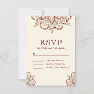Cartão RSVP Casamento de Henna Dourado e Borgonha Mehndi