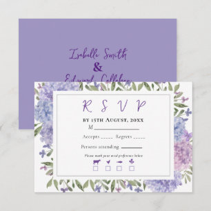 Cartão RSVP Casamento de Hortênsias em Aquarela Lilás Azul Ele