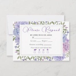 Cartão RSVP Casamento de Hortênsias em Aquarela Lilás Azul Ele