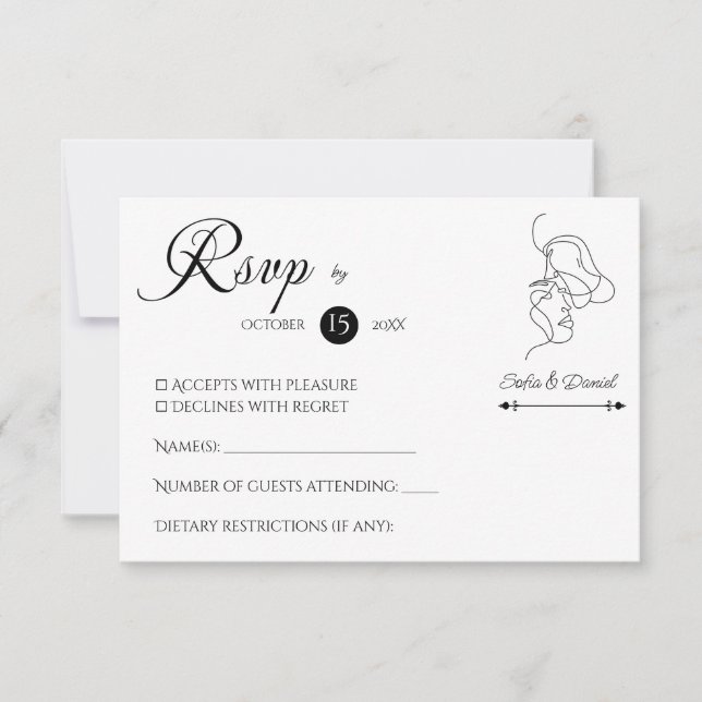 Cartão RSVP Casamento de ilustração de Casal de Arte de Linha  (Frente)