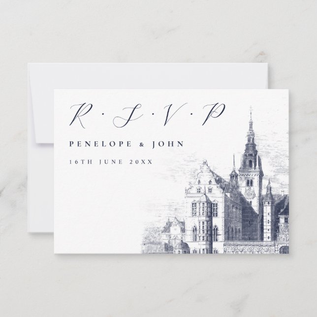 Cartão RSVP Casamento de Ilustração do Palácio de Script Tradi (Frente)