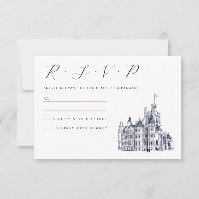 Cartão RSVP Casamento de Ilustração Vintage Castle Venue (Frente)