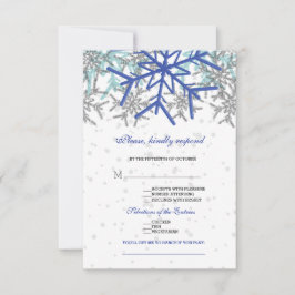 Cartão RSVP Casamento de Inverno com Flocos de Neve Azul Marin