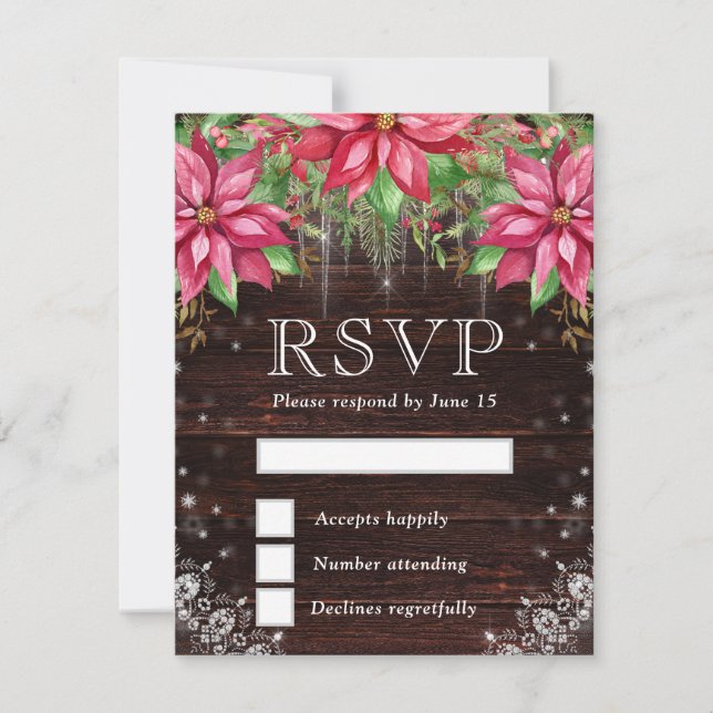 Cartão RSVP Casamento de Inverno com Madeira Rústica e Poinset (Frente)