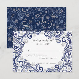 Cartão RSVP Casamento de Inverno Flocos de Neve Marinho Prata