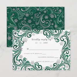 Cartão RSVP Casamento de Inverno Flocos de Neve Verde Esmerald