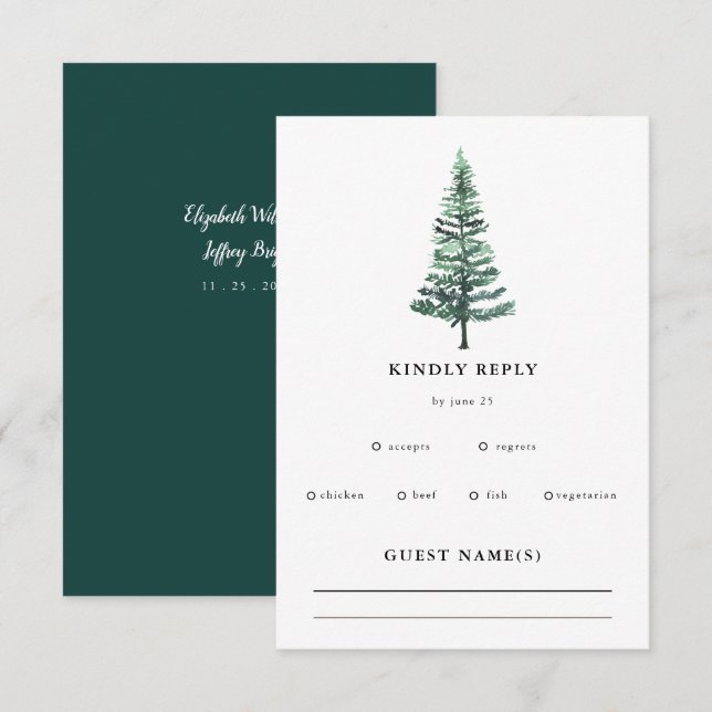 Cartão RSVP Casamento de Inverno Floresta de Pinheiros Aquarel (Frente/Verso)