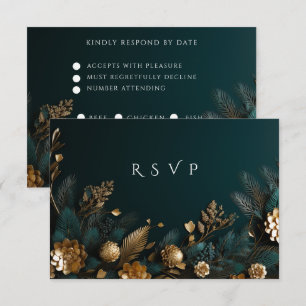 Cartão RSVP Casamento de Inverno Pinhas Douradas Agulhas de Pi