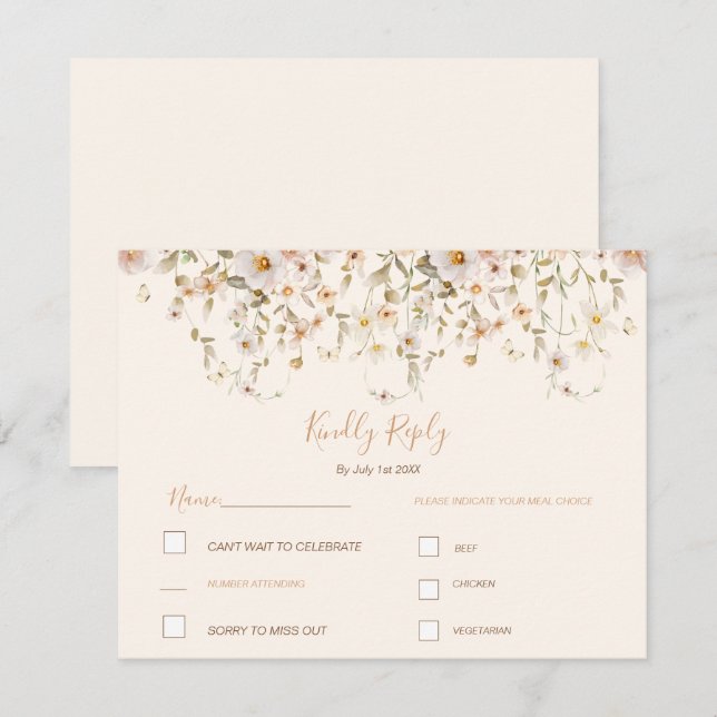 Cartão RSVP Casamento de Ivory e Blush Wildflower (Frente/Verso)