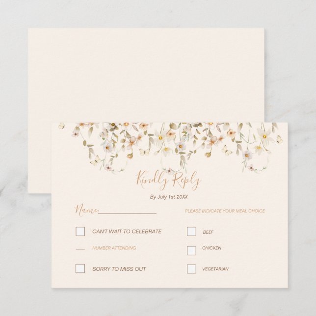 Cartão RSVP Casamento de Ivory e Blush Wildflower (Frente/Verso)