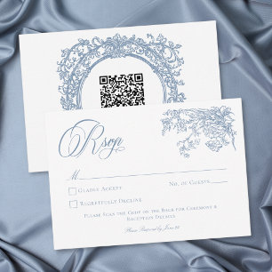 Cartão RSVP Casamento de Jardim com Crista Azul Elegante Vinta