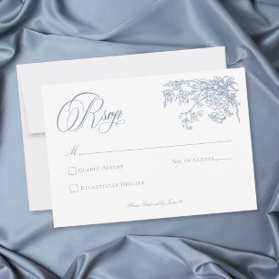 Cartão RSVP Casamento de Jardim com Crista Azul Elegante Vinta