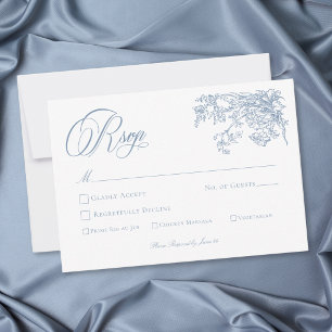 Cartão RSVP Casamento de Jardim com Crista Azul Elegante Vinta