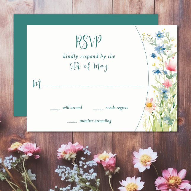 Cartão RSVP Casamento de Jardim de Flores Selvagens bonito (Pretty Watercolor Wildflowers Garden Wedding RSVP Card)