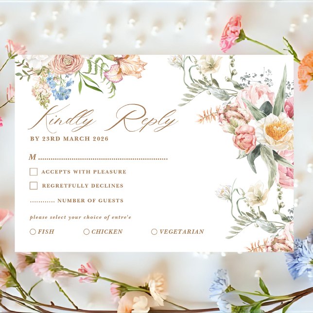 Cartão RSVP Casamento de jardim de primavera com flores silves (Criador carregado)