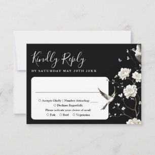 Cartão RSVP Casamento De Jardim Floral De Chinoiserie Preta E