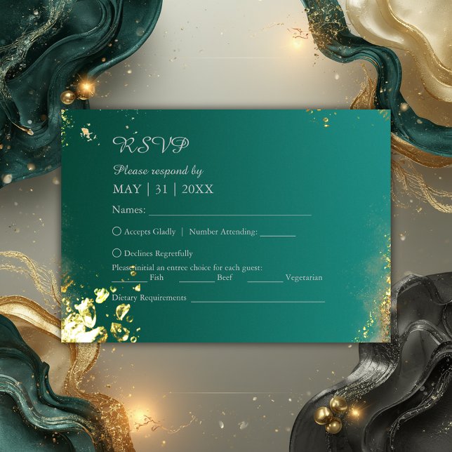 Cartão RSVP Casamento de joias de ouro verde-esmeralda (Criador carregado)