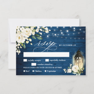 Cartão RSVP Casamento de Lanterna de Madeira Azul Rosas Branca